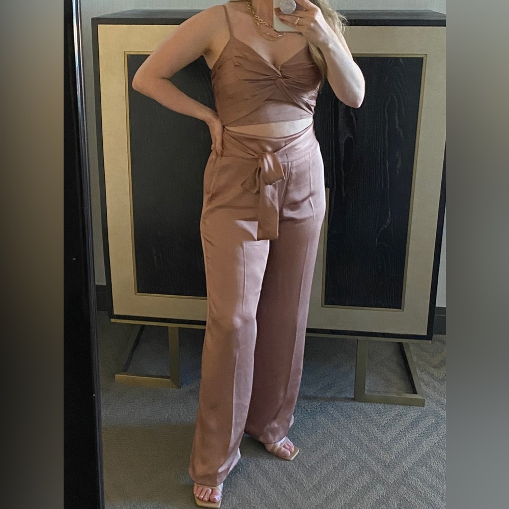 Express copper two-piece satin pant and crop set; size small top, medium pant